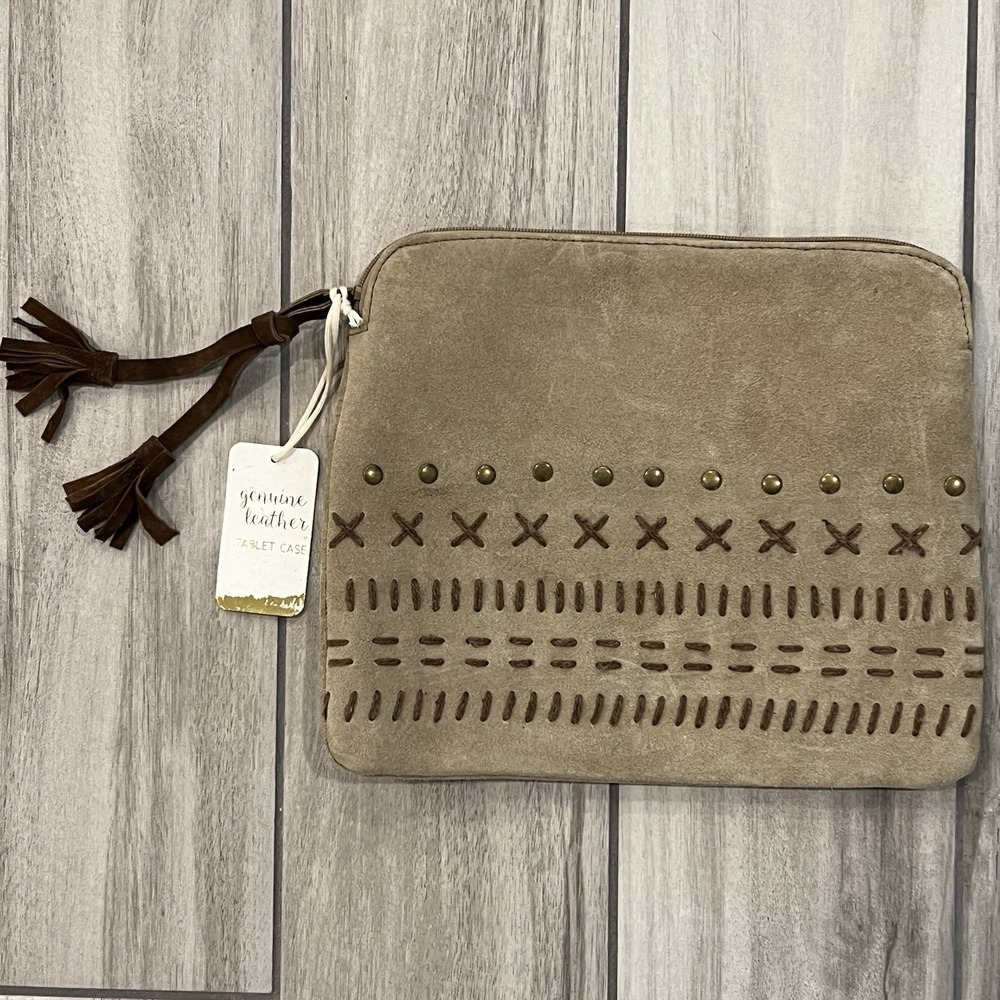 Genuine Leather Tablet Case Women OS Tan NWT Boho Suede Studded Tassel Clutch